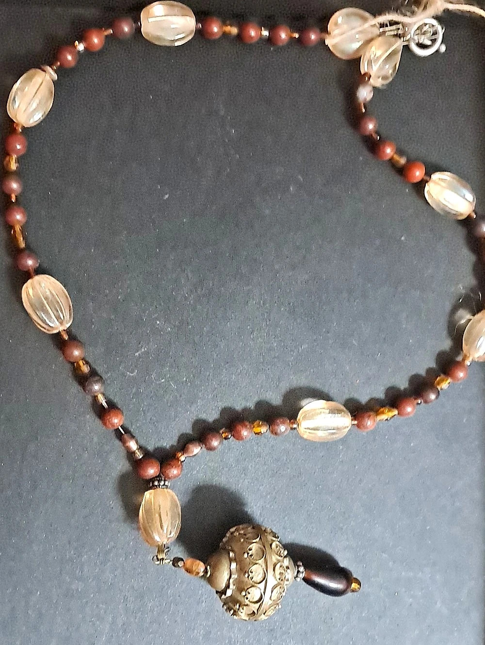 Hand Crafted Beaded Pendant Necklace in Brown & Gold 15 Inches Long